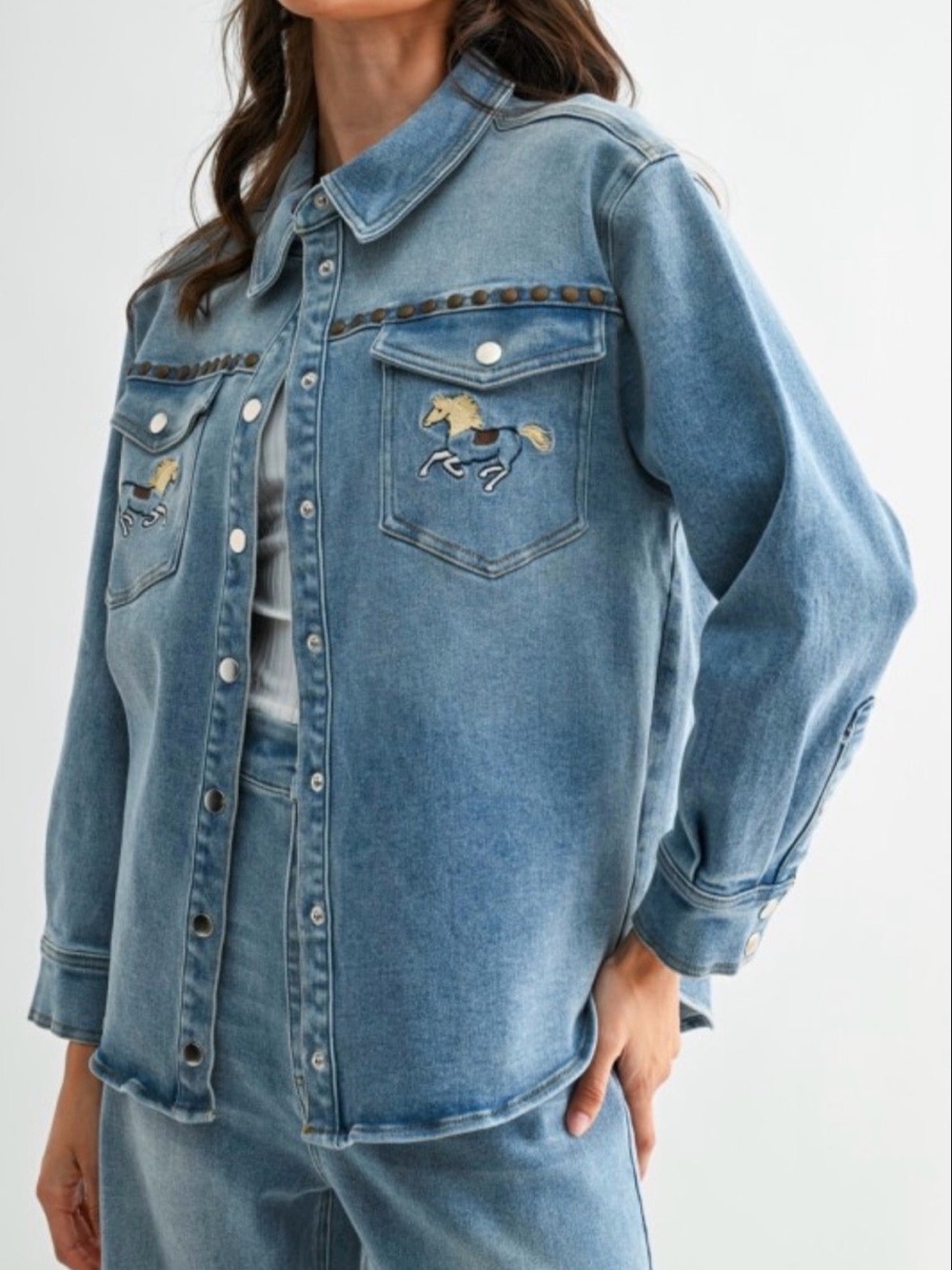 Light Wash Denim Embroidered Horse Button-Up Jacket